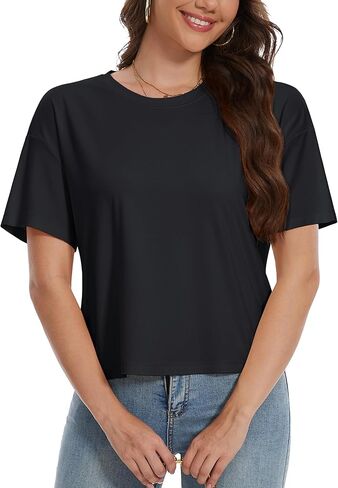 YUCOLEN Women's Crop Tops Summer Short Sleeve Cotton UPF 50+ Round Neck Casual Loose Cropped T-Shirts Solid Basic Tees in Kuwait