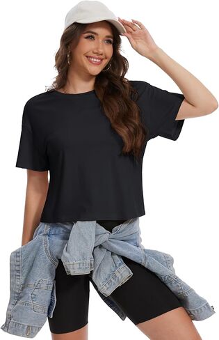 YUCOLEN Women's Crop Tops Summer Short Sleeve Cotton UPF 50+ Round Neck Casual Loose Cropped T-Shirts Solid Basic Tees in Kuwait