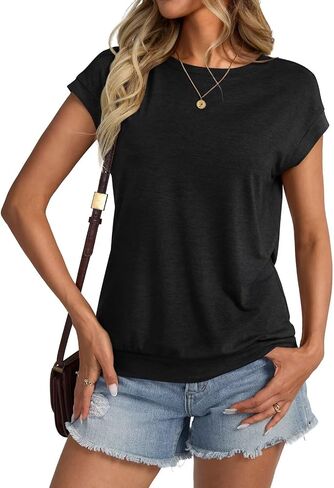 Womens Crewneck Cap Sleeve T Shirts Banded Bottom Top Lourd Fit Fit Sleeves Tee Tee Summer Summer Tops 2025 in Kuwait