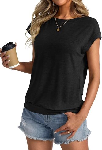 Womens Crewneck Cap Sleeve T Shirts Banded Bottom Top Lourd Fit Fit Sleeves Tee Tee Summer Summer Tops 2025 in Kuwait
