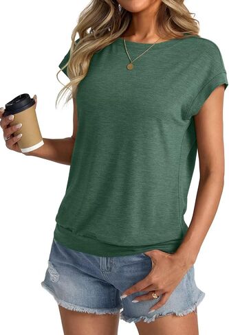 Womens Crewneck Cap Sleeve T Shirts Banded Bottom Top Lourd Fit Fit Sleeves Tee Tee Summer Summer Tops 2025 in Kuwait