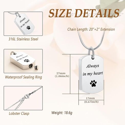 Minicremation Cremation Jewelry Urn Necklace for Ashes for Women & Men Always in My Heart Paw Print Urn Necklace Memorial Keepsake Pendant with Filling Kit in Saudi Arabia