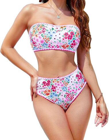 High Waisted Bikini Sets for Women Two Piece Swimsuits Floral Bathing Suits Tummy Control Bandeau Modest Swim Suits in Saudi Arabia