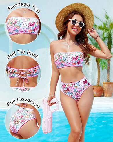 High Waisted Bikini Sets for Women Two Piece Swimsuits Floral Bathing Suits Tummy Control Bandeau Modest Swim Suits in Saudi Arabia
