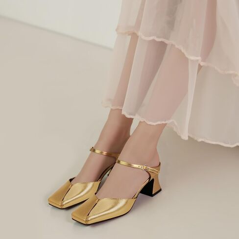 Women's Buckle Strap Square Closed Toe Slip On Block Mule Heels Comfort Dress Party Pumps in Saudi Arabia