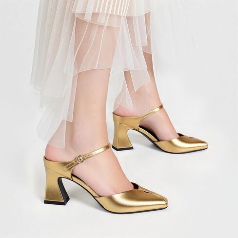 Women's Buckle Strap Square Closed Toe Slip On Block Mule Heels Comfort Dress Party Pumps in Saudi Arabia