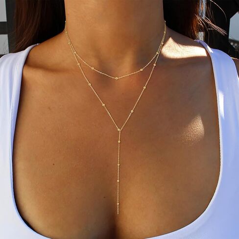 Boho Satellite Y Necklace Chain Gold Layered Lariat Necklace Long Bead Y Lariat Necklace Satellite Choker Necklace Bead Station Y Necklace Jewelry for Women in Saudi Arabia