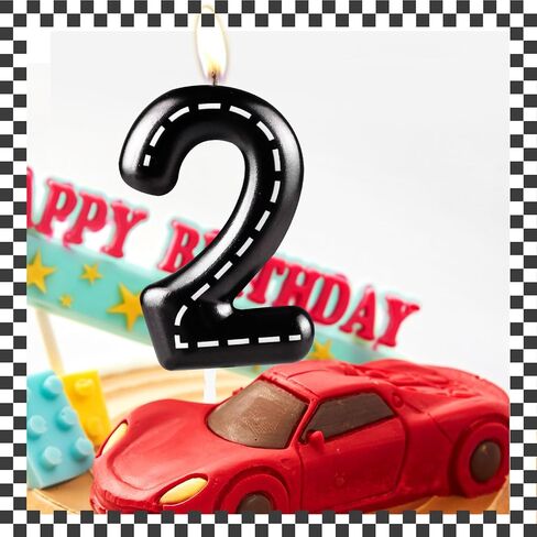 Racing Car Birthday Candle, Metallic Black White Checkered 2nd Birthday Cake Candle, Number 2 Candle, Birthday Cake Topper for Boys Girls Race Car Themed Party Decorations Supplies in Kuwait