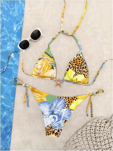 Gorglitter Women's 2 قطعة Cheetah Print Bikini مجموعات Leopard عالية قطع مثلث النجوم swimsuits in Kuwait