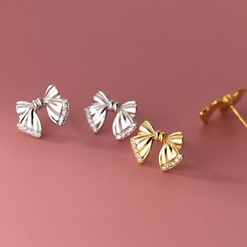 SLUYNZ Solid 925 Sterling Silver CZ Bow Post Earrings Studs for Women Teens Cute Bowknot Stud Earrings in Saudi Arabia