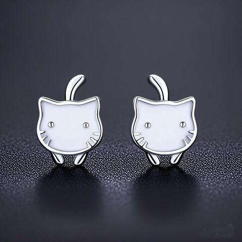 SLUYNZ 925 Sterling Silver Cute Cat Studs Earrings for Women Teens White Cat Earrings Studs Cat Gift for Cat Lovers in Saudi Arabia