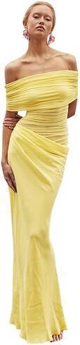Women Off Shoulder Bodycon Maxi Dress Layered Mesh Ruched Hollow Out Party Formal Wedding Guest Dresses for Party in Saudi Arabia