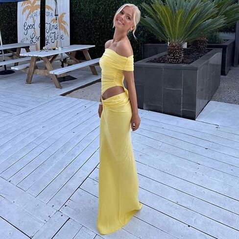 Women Off Shoulder Bodycon Maxi Dress Layered Mesh Ruched Hollow Out Party Formal Wedding Guest Dresses for Party in Saudi Arabia