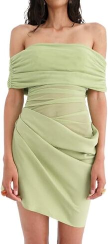 Women Off Shoulder Bodycon Maxi Dress Layered Mesh Ruched Hollow Out Party Formal Wedding Guest Dresses for Party in Saudi Arabia