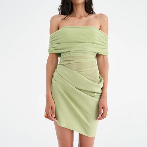 Women Off Shoulder Bodycon Maxi Dress Layered Mesh Ruched Hollow Out Party Formal Wedding Guest Dresses for Party in Saudi Arabia