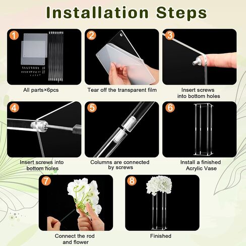 GEETERY 6 PCS TALL ACRYLIC VASE CENTER CENTER CLEAR SELINT CENTRINE STAND WITH FLOWERSEA CHODANGIEA FLOWERS FOR WELDEN in Kuwait