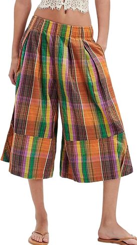 Womens Summer Boho Wide Leg Culotte Pants Casual Elastic Waisted Palazzo Trousers Colorful Plaid Capris with Pockets in Saudi Arabia