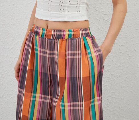Womens Summer Boho Wide Leg Culotte Pants Casual Elastic Waisted Palazzo Trousers Colorful Plaid Capris with Pockets in Saudi Arabia