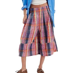 Womens Summer Boho Wide Leg Culotte Pants Casual Elastic Waisted Palazzo Trousers Colorful Plaid Capris with Pockets