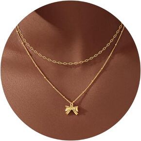 Gold Layered Necklaces for Women Chunky 14K Gold Silver Plated Stack Diamond Bow Statement Pendant Necklace Cute Trendy Dainty Small Tiny Bow Simple Choker Chain Jewelry Set for Women Gift