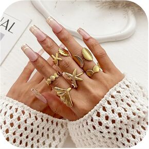 6PCS Chunky Gold Starfish Shell Rings for Women Trendy Dainty Summer Beach Stackable Stainless Steel Ring Surfer Fashion Statement Beachy Boho Jewelry Gifts