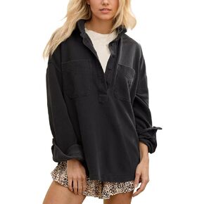 Locachy Women's Casual Oversized Polo Sweatshirt Lapel Long Sleeve Button Pullover Tops Fashion Outfits Clothes
