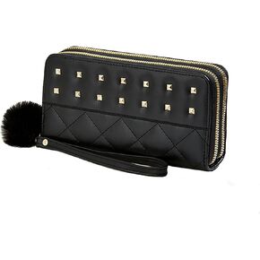 women's wallets Large Capacity Double Zip Around Credit Card Holder Leather Ladies Wallet with detachable Phone Wristlet Purse Black