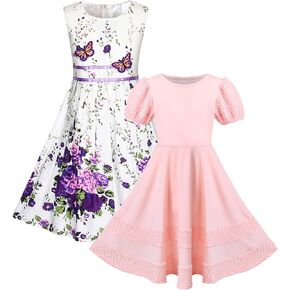 Sunny Fashion Girls Purple Floral Dress Short Sleeve Pink Solid Dress Size 8