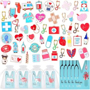 Siifert 50 Sets Nurse Week Enamel Pins Bulk Thank You Doctor Nursing Brooches Gifts Medical Heart Stethoscope Pill Lapel Brooch Backpacks Pins with Card and Organza Bags