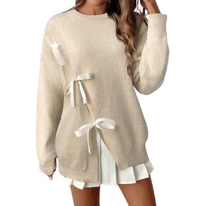 Verdusa Women's Bow Tie Split Sweater Fall Outfits Round Neck Loose Fit Knit Pullover Tops