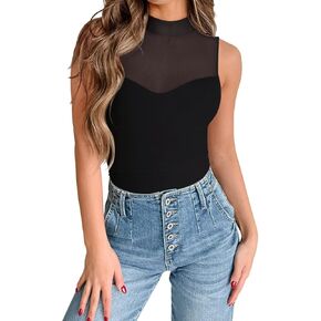 PINKMSTYLE Sleeveless Mesh Mock Neck Bodysuit for Women Double Lined Sexy Sheer Black Tank Tops Summer Outfits Large