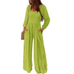 AUXDIO Womens Casual Square Neck Long Sleeve Jumpsuits Loose Smocked Wide Leg Romper with Pockets