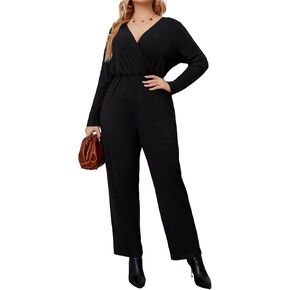 Black Jumpsuit for Women Business Casual Outfits, V Neck Long Sleeve High-Waist Wide-leg Pants Plus Size