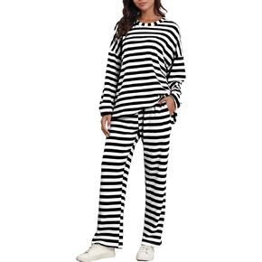Women's Pajama Sets Striped Waffle Knit Lounge Set Long Sleeve Pullover and Casual Pants Outfits Pjs 2 Piece