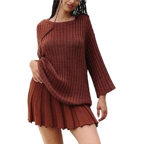 VECVOC Sweater Set Two Piece Skirt Sets for Women Long Sleeve Two Piece Outfits Loose Knit Pullover Mini Skirt