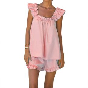 Argeousgor Women Floral Print Summer Set Square Neck Flutter Sleeve Loose Tank Tops Ruffle Trim Shorts 2 Piece Outfits