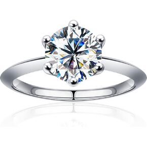 Moissanite Rings for Women, D Color Round Solitaire Lab Created Diamond Ring 18K White Gold Plated 925 Sterling Silver 6 Prong Moissanite Engagement Ring