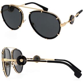 Versace VE2232 61mm Non-Polarized Aviator Sunglasses for Women – Black Metal Frame with Gold Temples, 100% UV Protection, Lightweight & Comfortable Sunglasses, eShades Eyewear Kit Included
