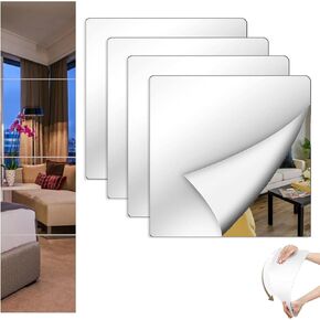 10" x 10" Acrylic Mirror Tiles, 4 Pack Self Adhesive Acrylic Square Mirrors for Kids, Flexible Mirror Sheets Non-Glass Wall Stickers Cuttable Small Mirrors for Wall decor Home Living Room Bedroom Gym