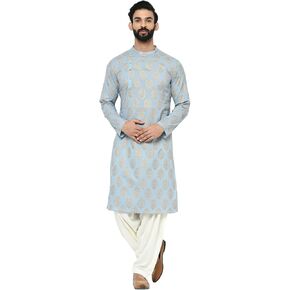 Men's Kurta Patiyala Set – Printed Cotton Blend Ethnic Wear with Mandarin Collar – Traditional Outfit for Indian Weddings, Diwali, Eid & Celebrations Turquoise