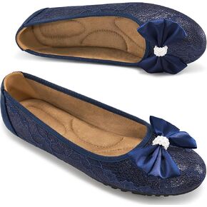 HARENCE Ballet Flats for Women Dressy: Comfortable Round Toe Bow Lace Mesh Wedding Flat Casual Slip On Walking Work Dress Shoes