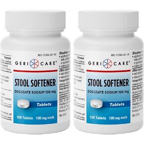 GeriCare Docusate Sodium Stool Softeners, Best Stool Softener for Daily use for Women, Men, and Elderly - Ideal for Constipation Relief 100mg Crushable Tablets. (100 Count) Made in the USA (Pack of 2)