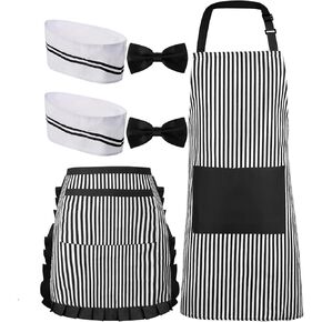SATINIOR 6 Pcs Waiter Couple Costume Hot Dog Popcorn Costume Apron Chef Hat Bow Tie for 50s Party