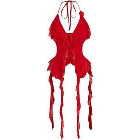 WDIRARA Women's 3D Flower Tie Front Ruffle Trim Halter Top Tie Backless Camisole