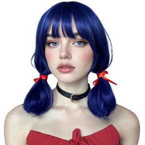 uqje Blue Cosplay شعر مستعار قصير للنساء anime bonytail bongs مع الهالوين الحبل الأحمر
