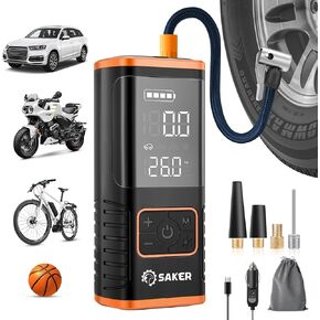 ضاغط الهواء المحمول في إطار SAKER - 150PSI إطارات السيارات مضخة الهواء مع ضوء ضغط الإطارات LED ، بطارية 7500 مللي أمبير في الساعة و 12 فولت DC SMART TYR