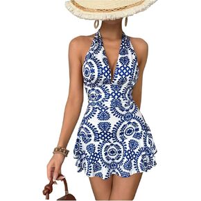 Milumia Women's Boho Floral Print Backless Halter Neck Sleeveless Ruffle Hem Rompers
