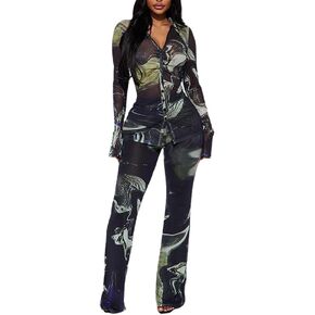 THLAI 2 Piece Outfits for Women Print Shirt Top and Long Wide Leg Pants Sexy Outfit Casual Style