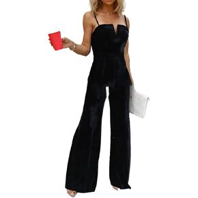 xxxiticat Women's Sleeveless Velvet Jumpsuit Elegant V Neck Backless Spaghetti Strap Wide Leg One Piece Overall Outfit
