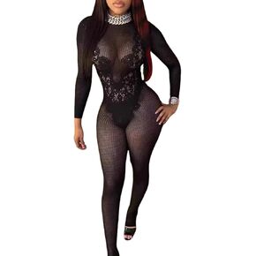 Lace Flower Long Sleeve Jumpsuit for Women, Sexy Mesh Jumpsuit See Through Bodycon Romper Party Club